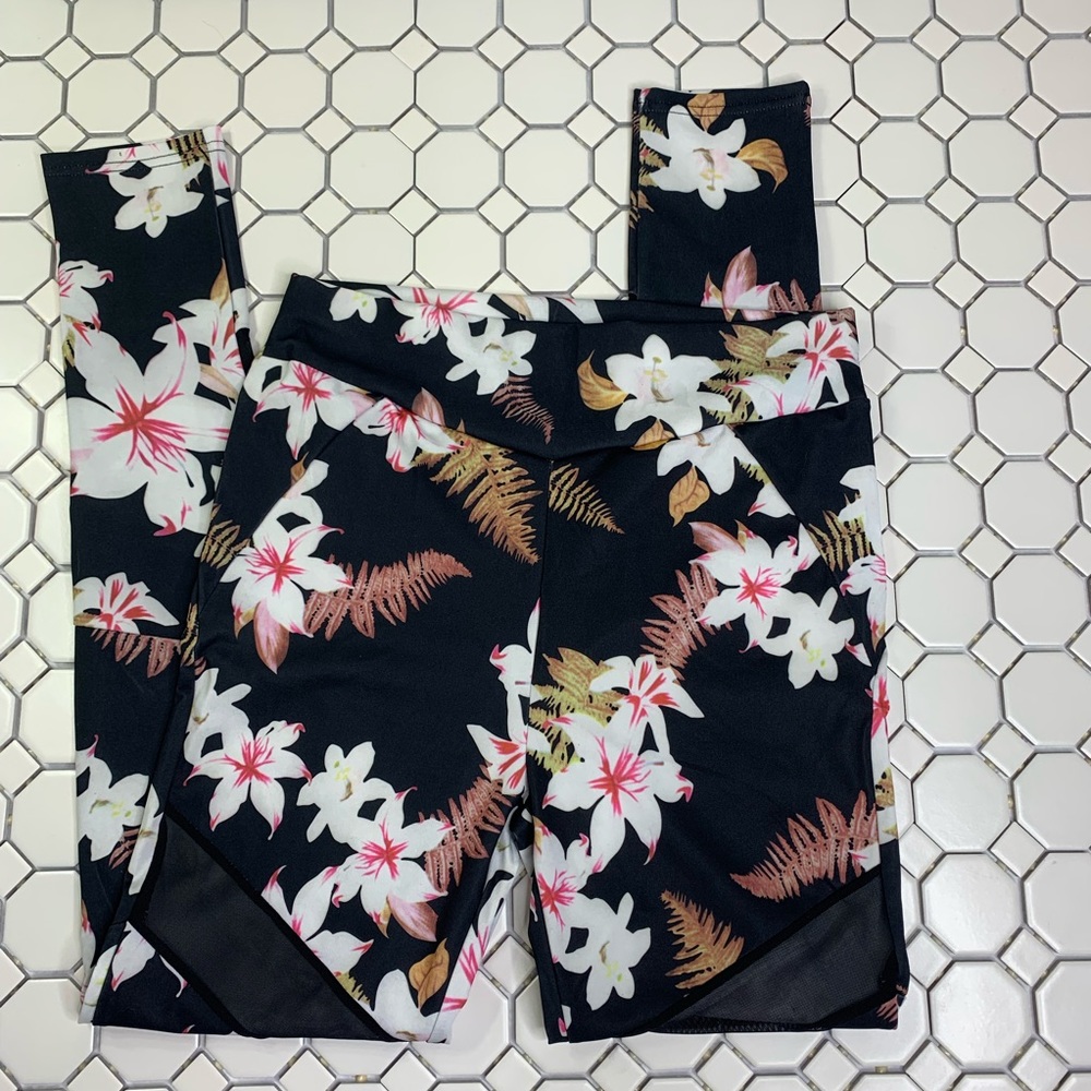 Black floral mesh cutout leggings